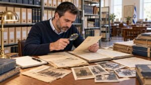 Мужчина ищет в архиве документы о еврейских корнях для репатриации в Израиль.
